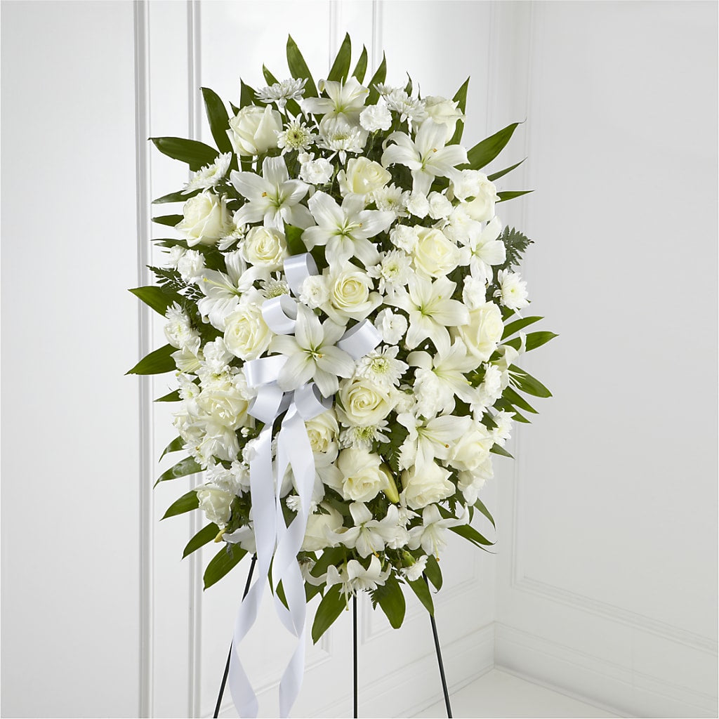 Exquisite Tribute Standing Spray-White Ribbon – Exquisite Flowers, Freeport FL