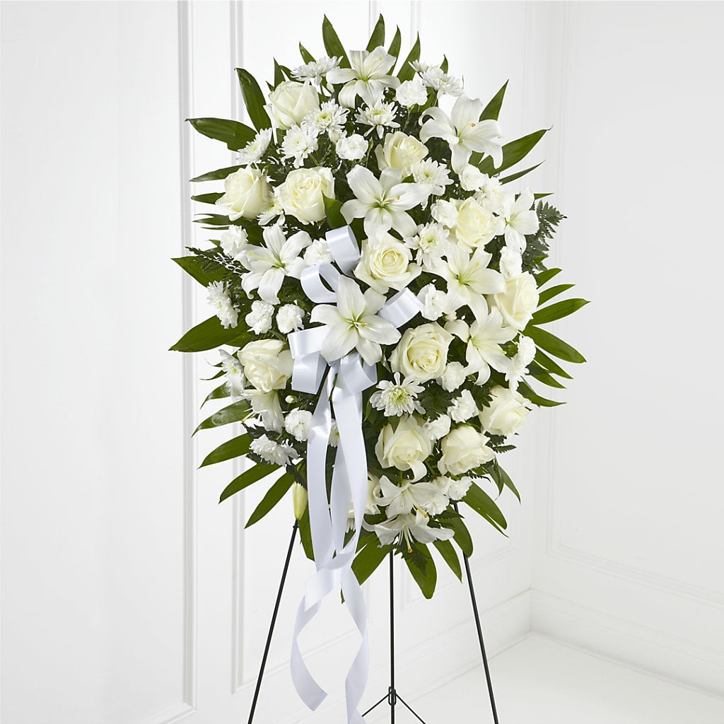 Exquisite Tribute Standing Spray-White Ribbon – Exquisite Flowers, Freeport FL