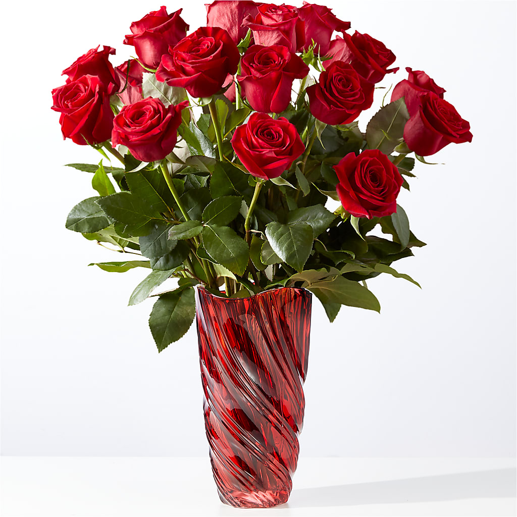 Classic Love Red Rose Bouquet with Luxe Swirl Vase – Exquisite Flowers, Freeport FL