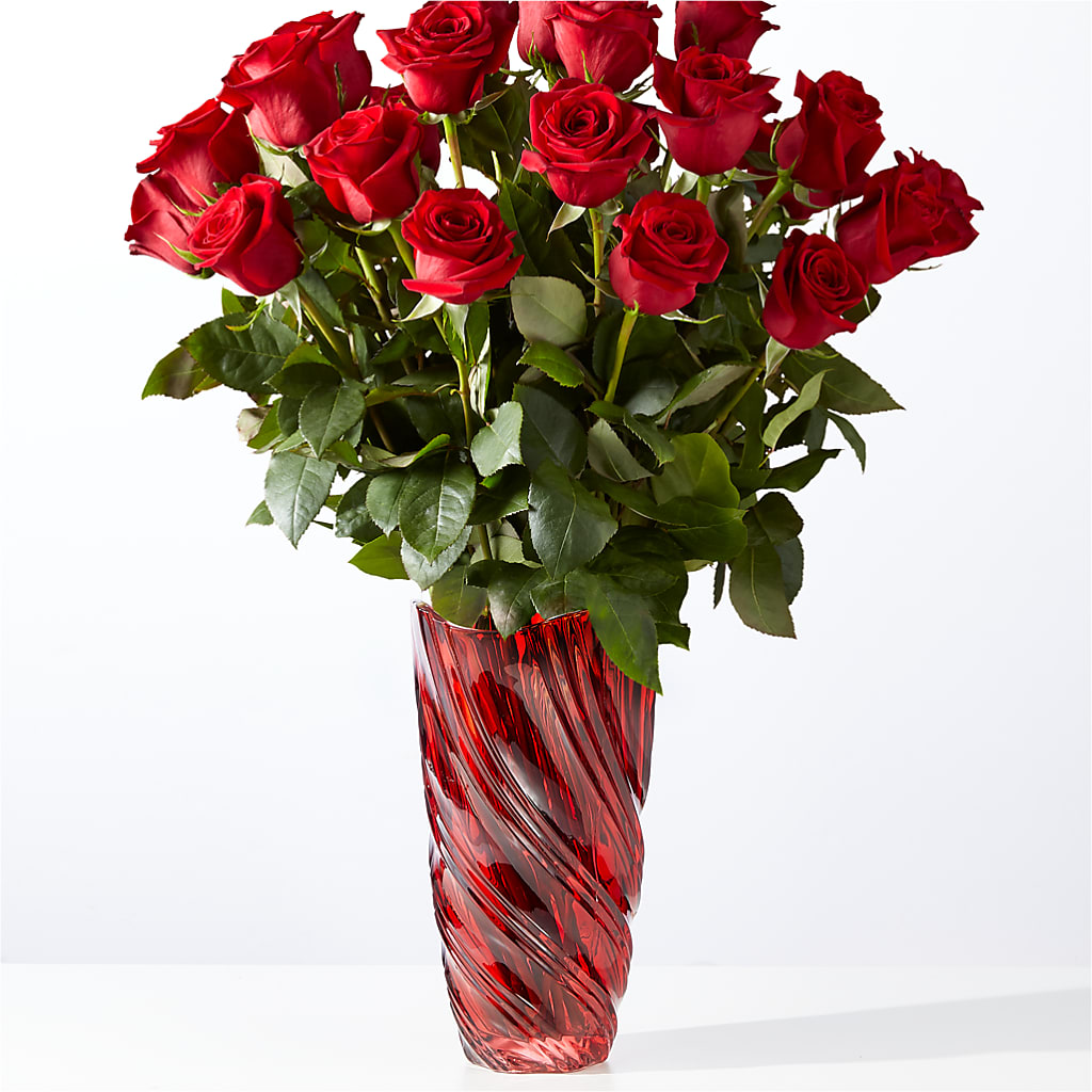 Classic Love Red Rose Bouquet with Luxe Swirl Vase – Exquisite Flowers, Freeport FL