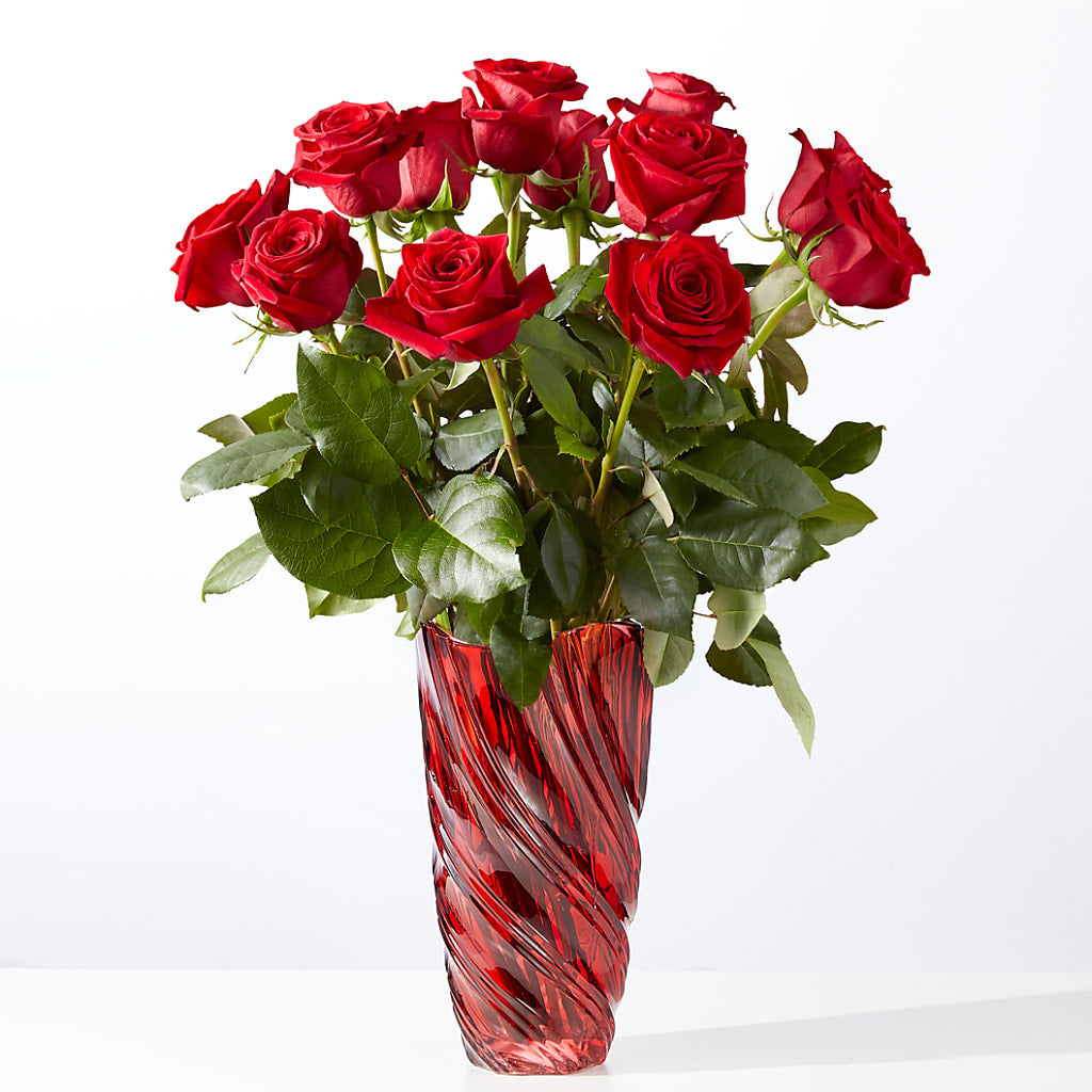 Classic Love Red Rose Bouquet with Luxe Swirl Vase – Exquisite Flowers, Freeport FL