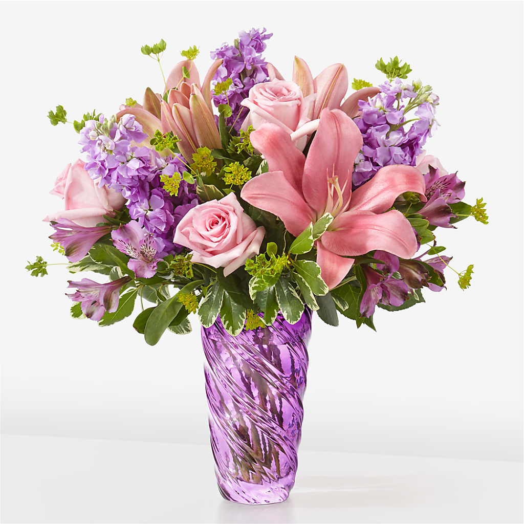 Precious Petals Bouquet with Luxe Swirl Vase – Exquisite Flowers, Freeport FL